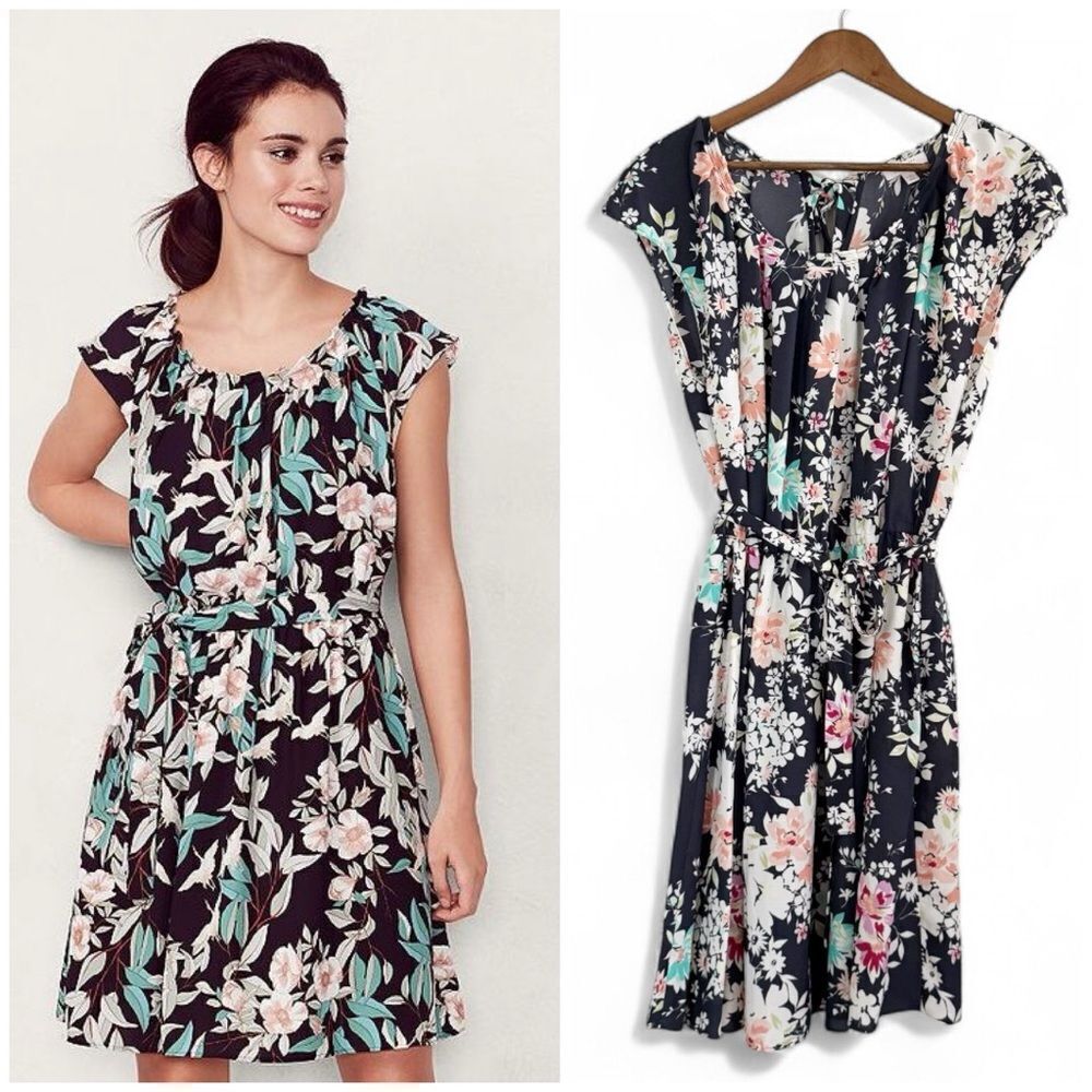 LC Lauren Conrad Floral Cap Sleeve Pleat Neck Tie Waist Dress Size XXL